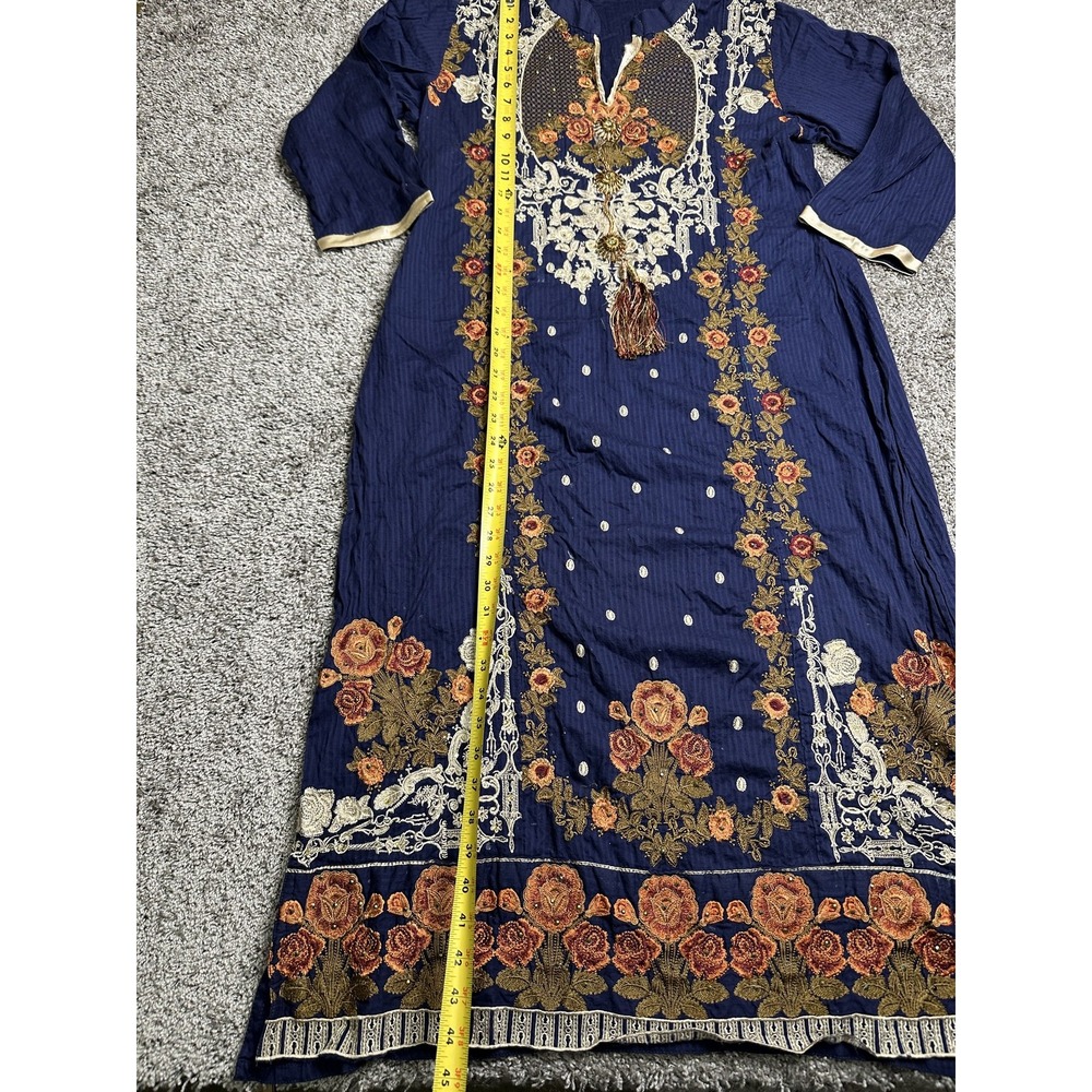Embroidered Kurta Dress Womens Medium Blue Floral‎ Shalwar Kameez Tassel Ethnic - Picture 13 of 16